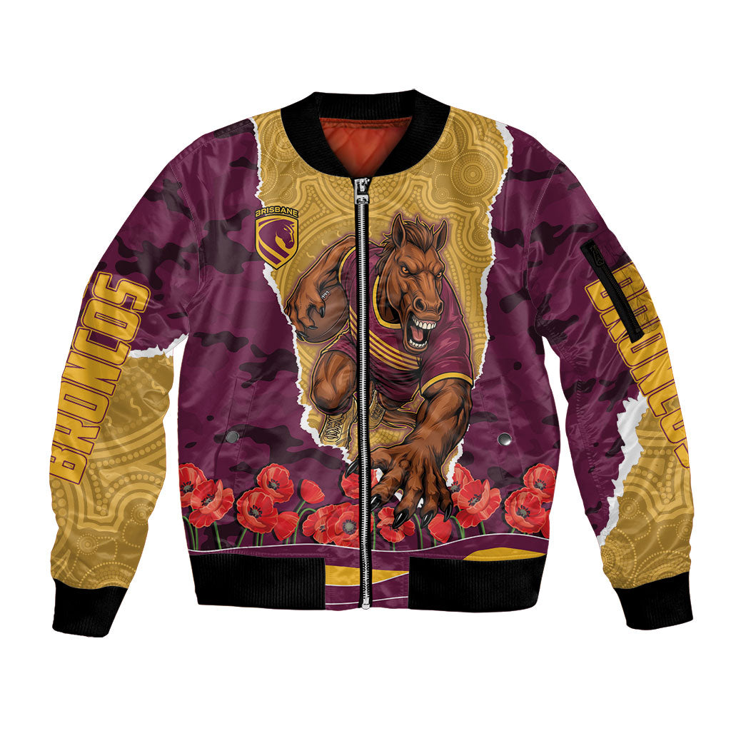 Personalized Brisbane Broncos ANZAC Tribute Sleeve Zip Bomber Jacket Poppy Field Soldier Silhouette Aboriginal Rugby Mascot