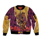 Personalized Brisbane Broncos ANZAC Tribute Sleeve Zip Bomber Jacket Poppy Field Soldier Silhouette Aboriginal Rugby Mascot