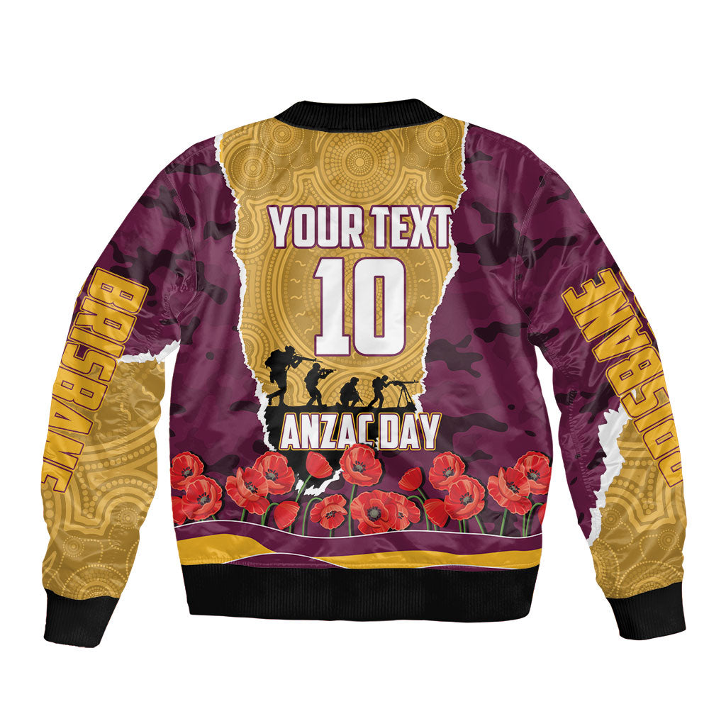 Personalized Brisbane Broncos ANZAC Tribute Sleeve Zip Bomber Jacket Poppy Field Soldier Silhouette Aboriginal Rugby Mascot