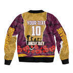 Personalized Brisbane Broncos ANZAC Tribute Sleeve Zip Bomber Jacket Poppy Field Soldier Silhouette Aboriginal Rugby Mascot
