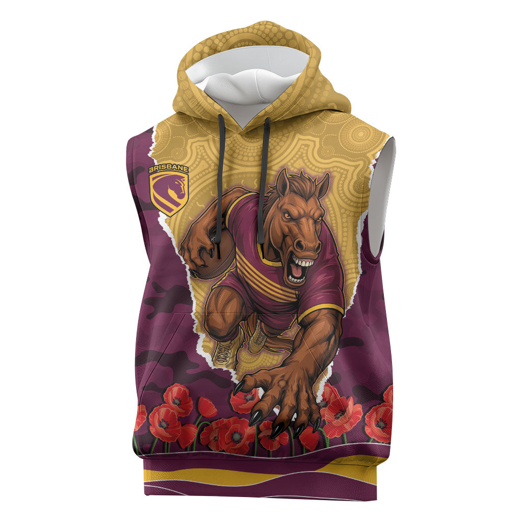 Personalized Brisbane Broncos ANZAC Tribute Sleeveless Hoodie Poppy Field Soldier Silhouette Aboriginal Rugby Mascot
