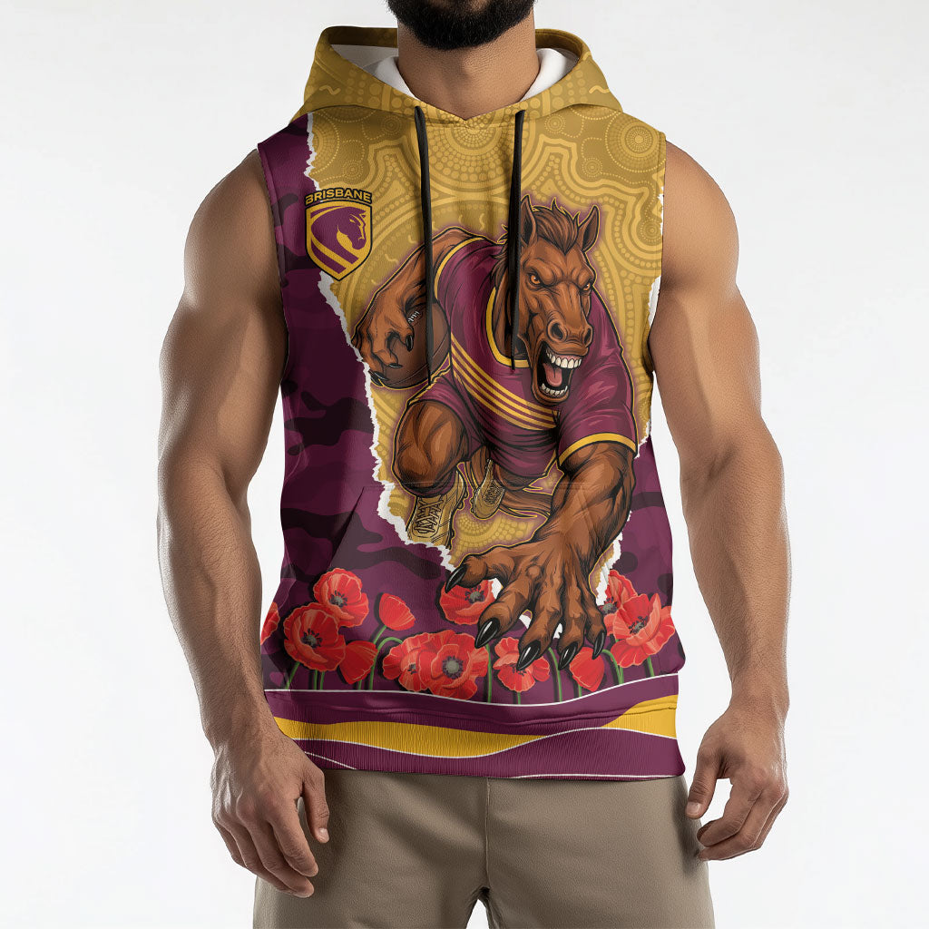 Personalized Brisbane Broncos ANZAC Tribute Sleeveless Hoodie Poppy Field Soldier Silhouette Aboriginal Rugby Mascot