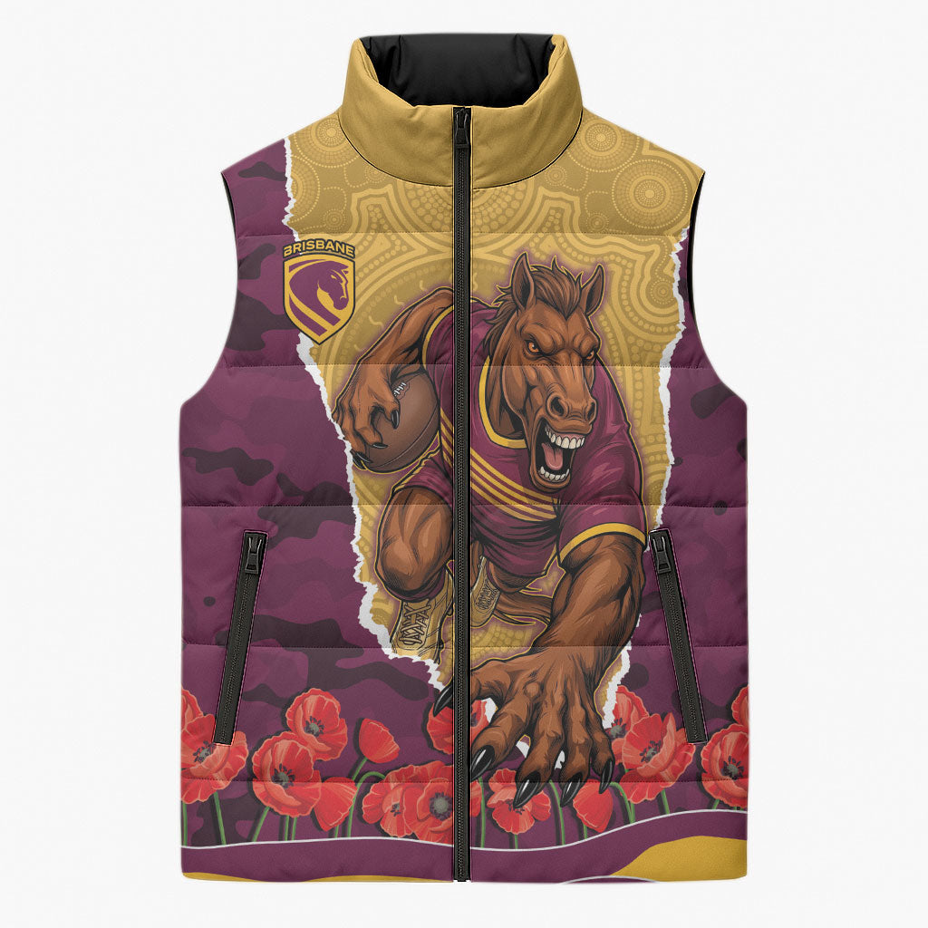 Personalized Brisbane Broncos ANZAC Tribute Sleeveless Puffer Jacket Poppy Field Soldier Silhouette Aboriginal Rugby Mascot