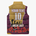 Personalized Brisbane Broncos ANZAC Tribute Sleeveless Puffer Jacket Poppy Field Soldier Silhouette Aboriginal Rugby Mascot