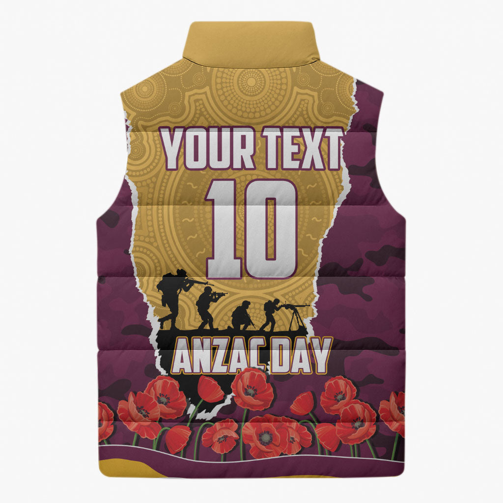 Personalized Brisbane Broncos ANZAC Tribute Sleeveless Puffer Jacket Poppy Field Soldier Silhouette Aboriginal Rugby Mascot