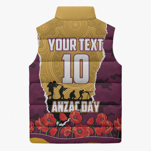 Personalized Brisbane Broncos ANZAC Tribute Sleeveless Puffer Jacket Poppy Field Soldier Silhouette Aboriginal Rugby Mascot