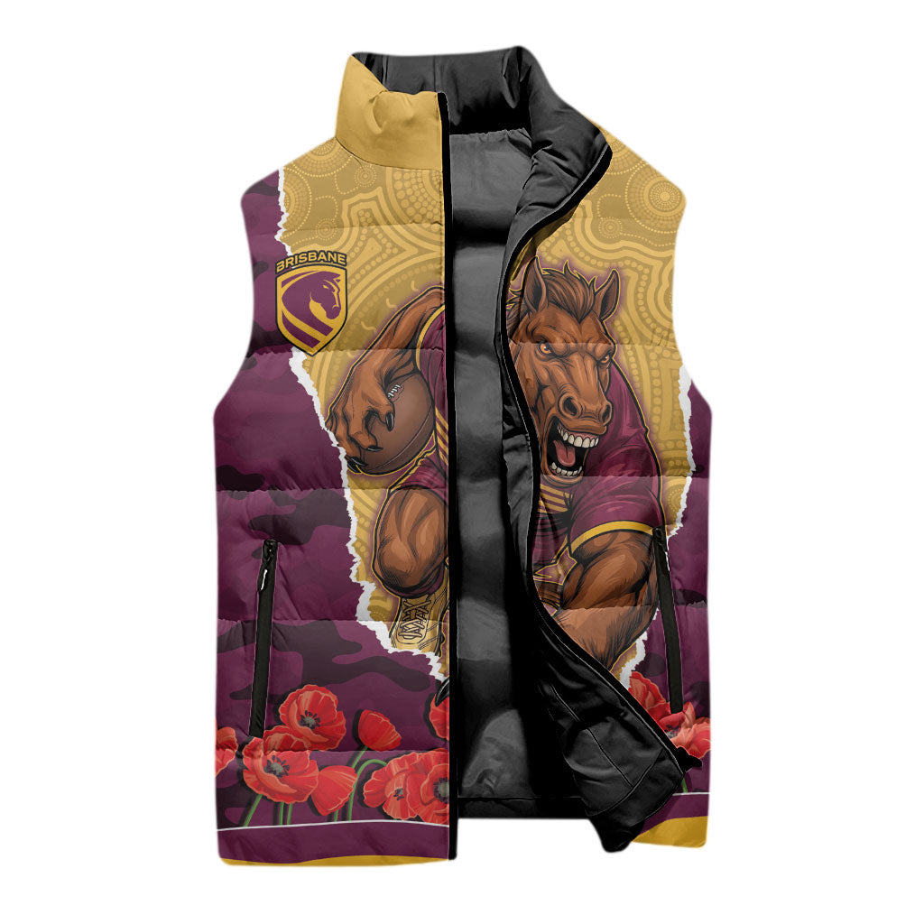 Personalized Brisbane Broncos ANZAC Tribute Sleeveless Puffer Jacket Poppy Field Soldier Silhouette Aboriginal Rugby Mascot