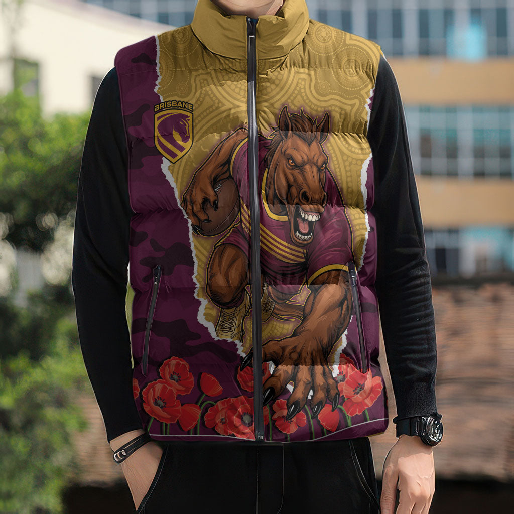 Personalized Brisbane Broncos ANZAC Tribute Sleeveless Puffer Jacket Poppy Field Soldier Silhouette Aboriginal Rugby Mascot
