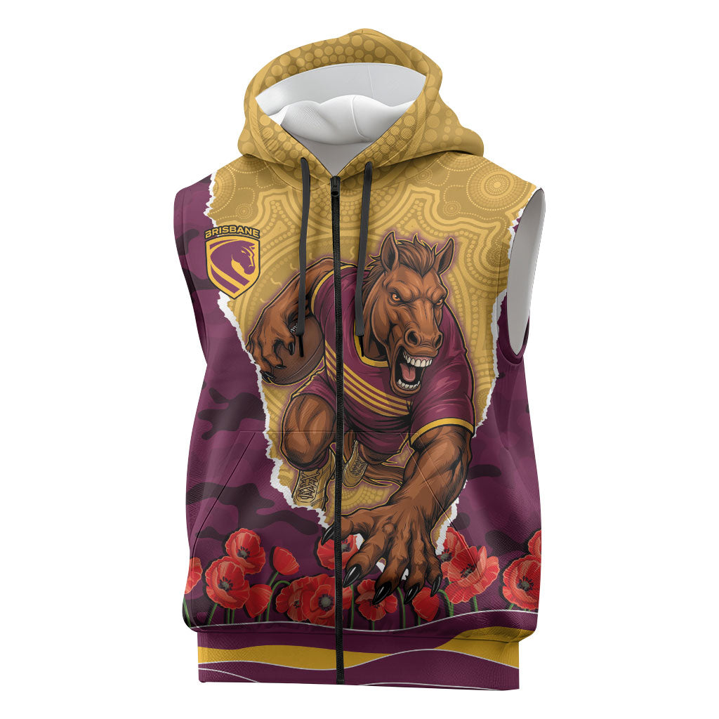 Personalized Brisbane Broncos ANZAC Tribute Sleeveless Zip Hoodie Poppy Field Soldier Silhouette Aboriginal Rugby Mascot