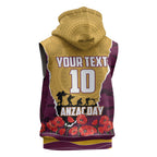 Personalized Brisbane Broncos ANZAC Tribute Sleeveless Zip Hoodie Poppy Field Soldier Silhouette Aboriginal Rugby Mascot