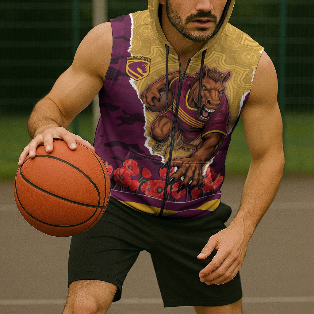 Personalized Brisbane Broncos ANZAC Tribute Sleeveless Zip Hoodie Poppy Field Soldier Silhouette Aboriginal Rugby Mascot