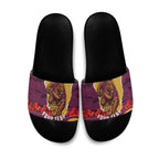 Personalized Brisbane Broncos ANZAC Tribute Slide Sandals Poppy Field Soldier Silhouette Aboriginal Rugby Mascot
