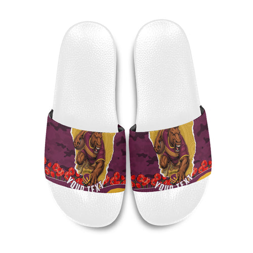 Personalized Brisbane Broncos ANZAC Tribute Slide Sandals Poppy Field Soldier Silhouette Aboriginal Rugby Mascot