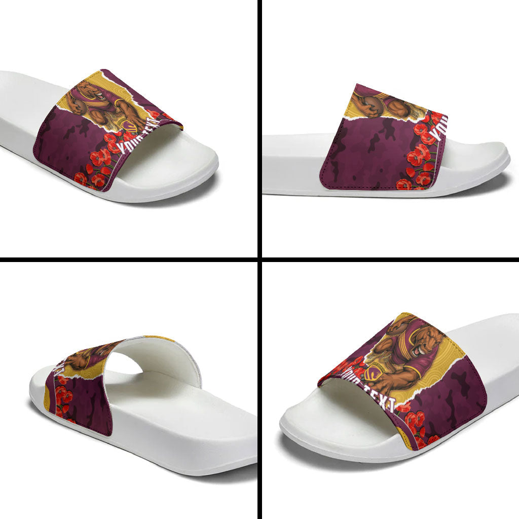 Personalized Brisbane Broncos ANZAC Tribute Slide Sandals Poppy Field Soldier Silhouette Aboriginal Rugby Mascot