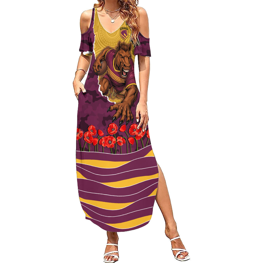 Personalized Brisbane Broncos ANZAC Tribute Summer Maxi Dress Poppy Field Soldier Silhouette Aboriginal Rugby Mascot