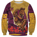Personalized Brisbane Broncos ANZAC Tribute Sweatshirt Poppy Field Soldier Silhouette Aboriginal Rugby Mascot