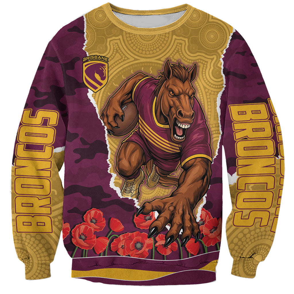 Personalized Brisbane Broncos ANZAC Tribute Sweatshirt Poppy Field Soldier Silhouette Aboriginal Rugby Mascot