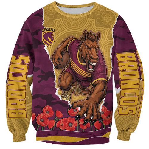 Personalized Brisbane Broncos ANZAC Tribute Sweatshirt Poppy Field Soldier Silhouette Aboriginal Rugby Mascot