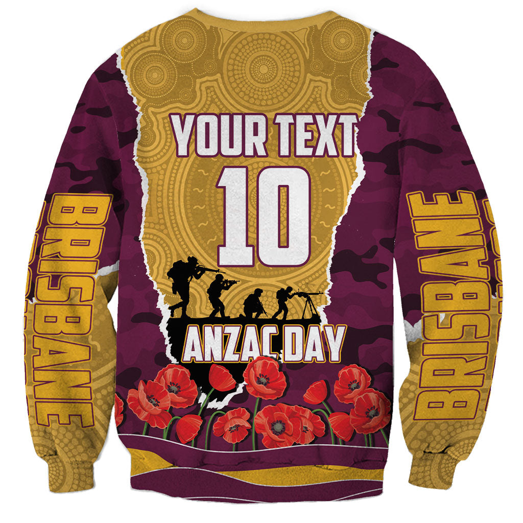 Personalized Brisbane Broncos ANZAC Tribute Sweatshirt Poppy Field Soldier Silhouette Aboriginal Rugby Mascot