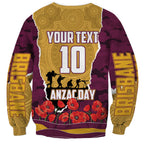 Personalized Brisbane Broncos ANZAC Tribute Sweatshirt Poppy Field Soldier Silhouette Aboriginal Rugby Mascot