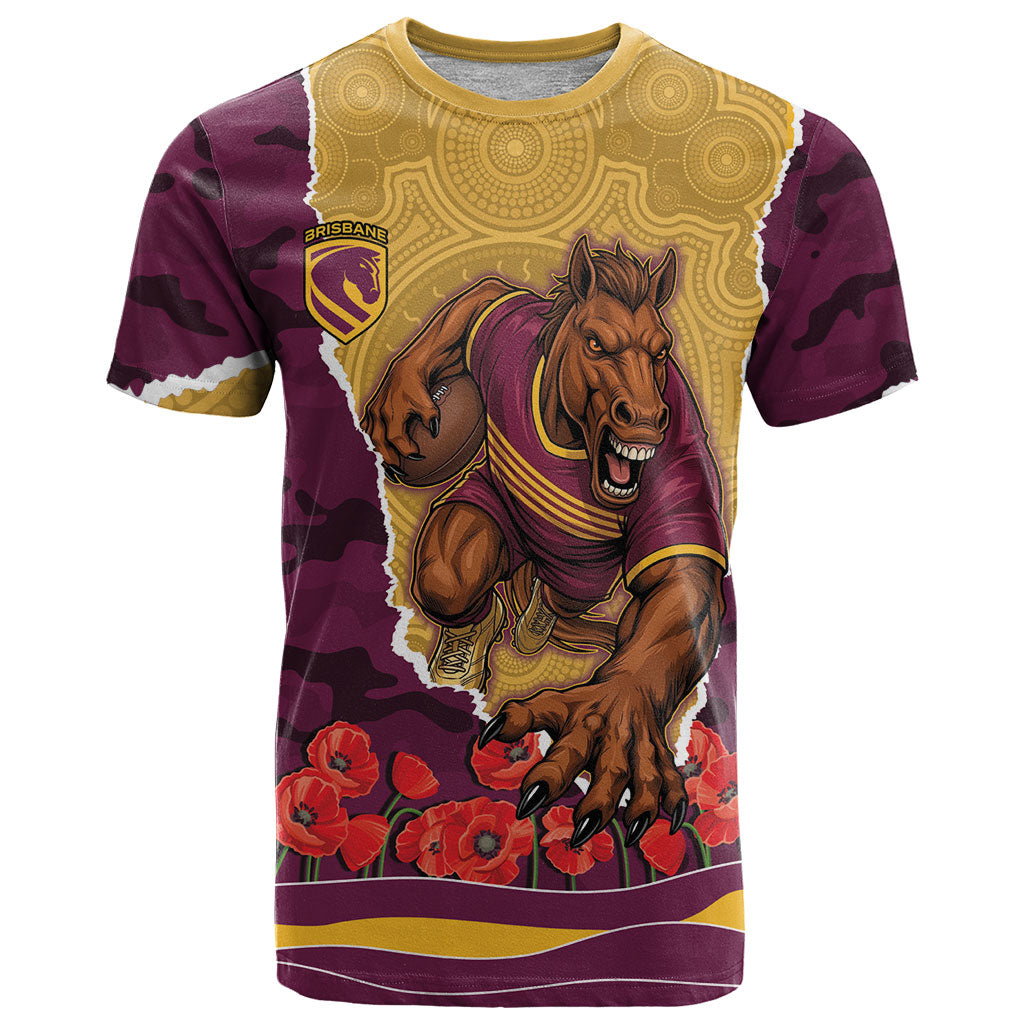 Personalized Brisbane Broncos ANZAC Tribute T Shirt Poppy Field Soldier Silhouette Aboriginal Rugby Mascot