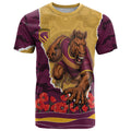 Personalized Brisbane Broncos ANZAC Tribute T Shirt Poppy Field Soldier Silhouette Aboriginal Rugby Mascot