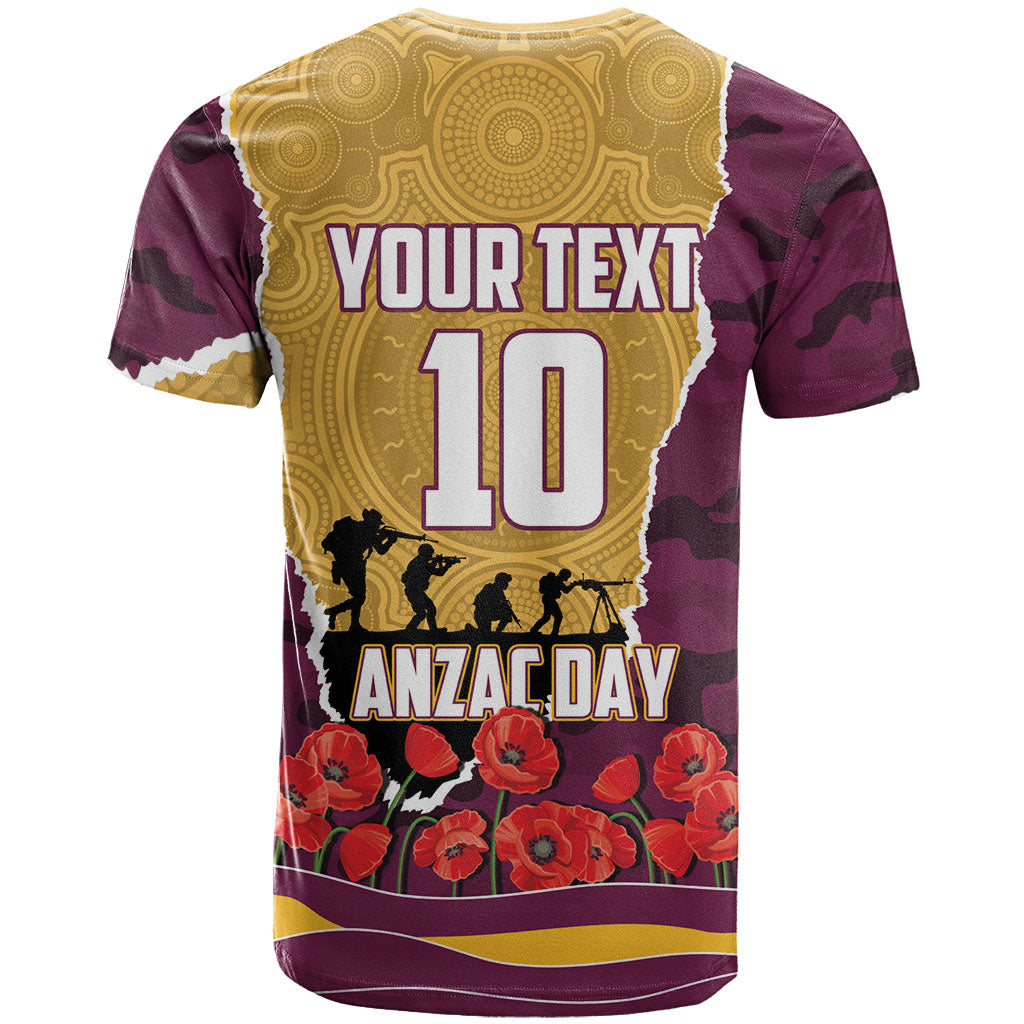 Personalized Brisbane Broncos ANZAC Tribute T Shirt Poppy Field Soldier Silhouette Aboriginal Rugby Mascot