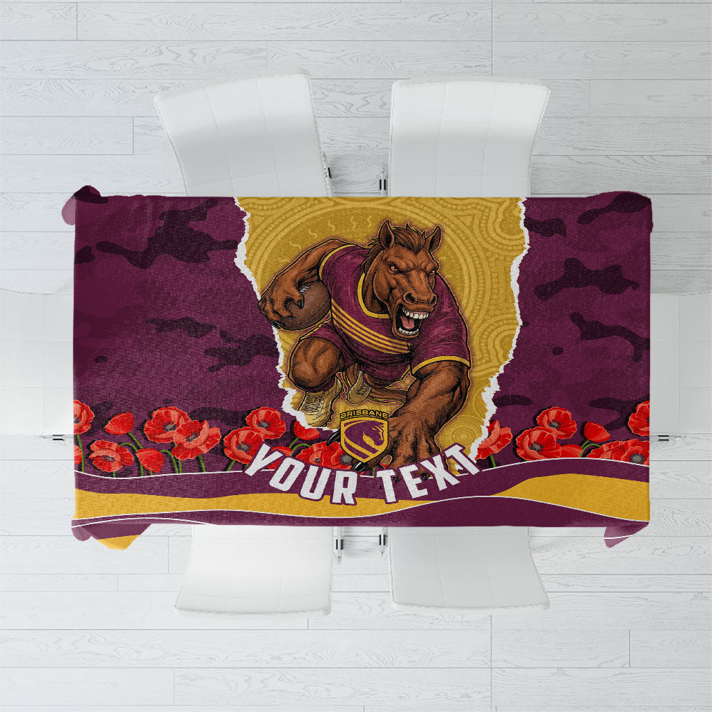 Personalized Brisbane Broncos ANZAC Tribute Tablecloth Poppy Field Soldier Silhouette Aboriginal Rugby Mascot