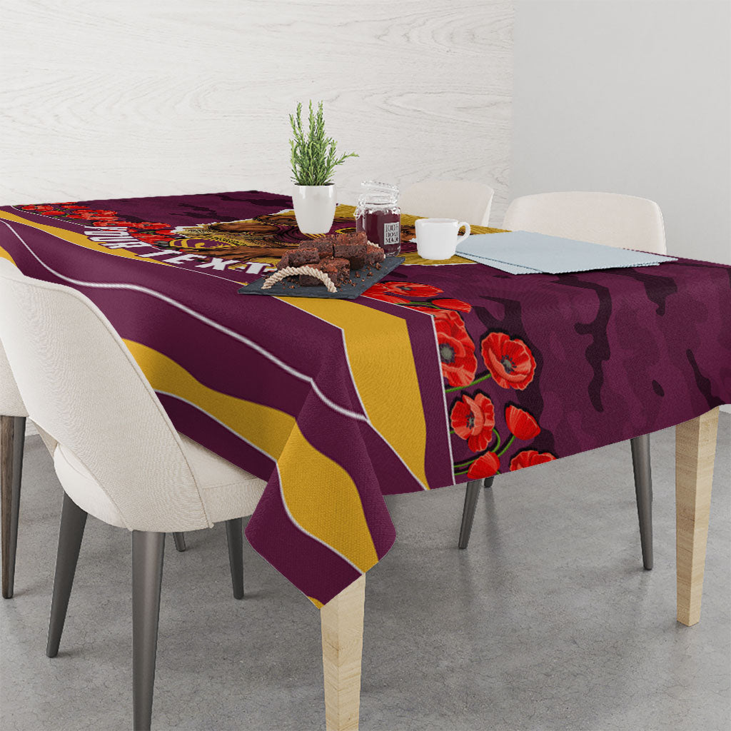 Personalized Brisbane Broncos ANZAC Tribute Tablecloth Poppy Field Soldier Silhouette Aboriginal Rugby Mascot