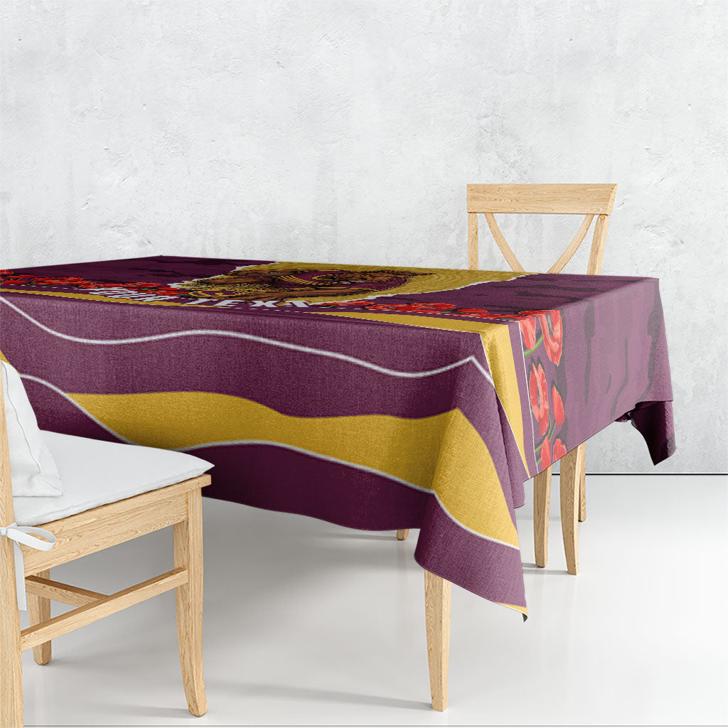 Personalized Brisbane Broncos ANZAC Tribute Tablecloth Poppy Field Soldier Silhouette Aboriginal Rugby Mascot