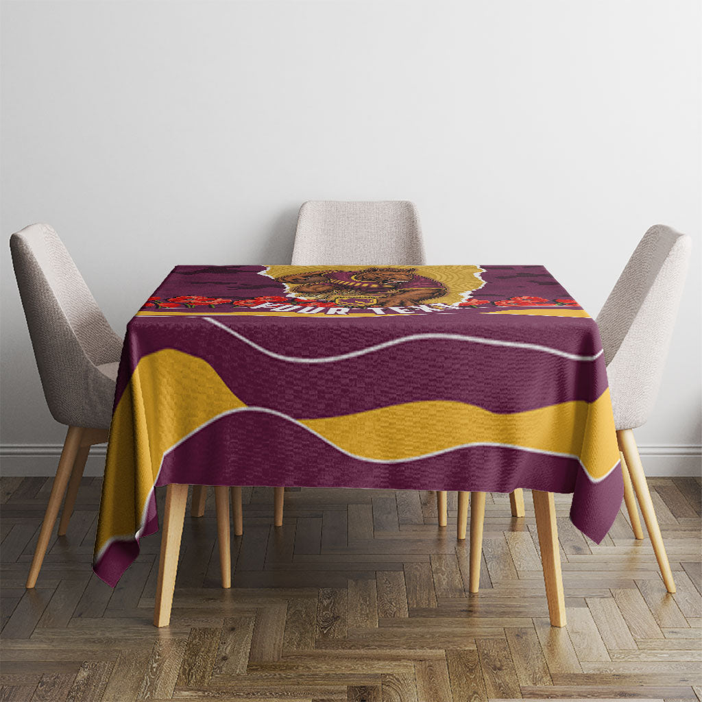 Personalized Brisbane Broncos ANZAC Tribute Tablecloth Poppy Field Soldier Silhouette Aboriginal Rugby Mascot