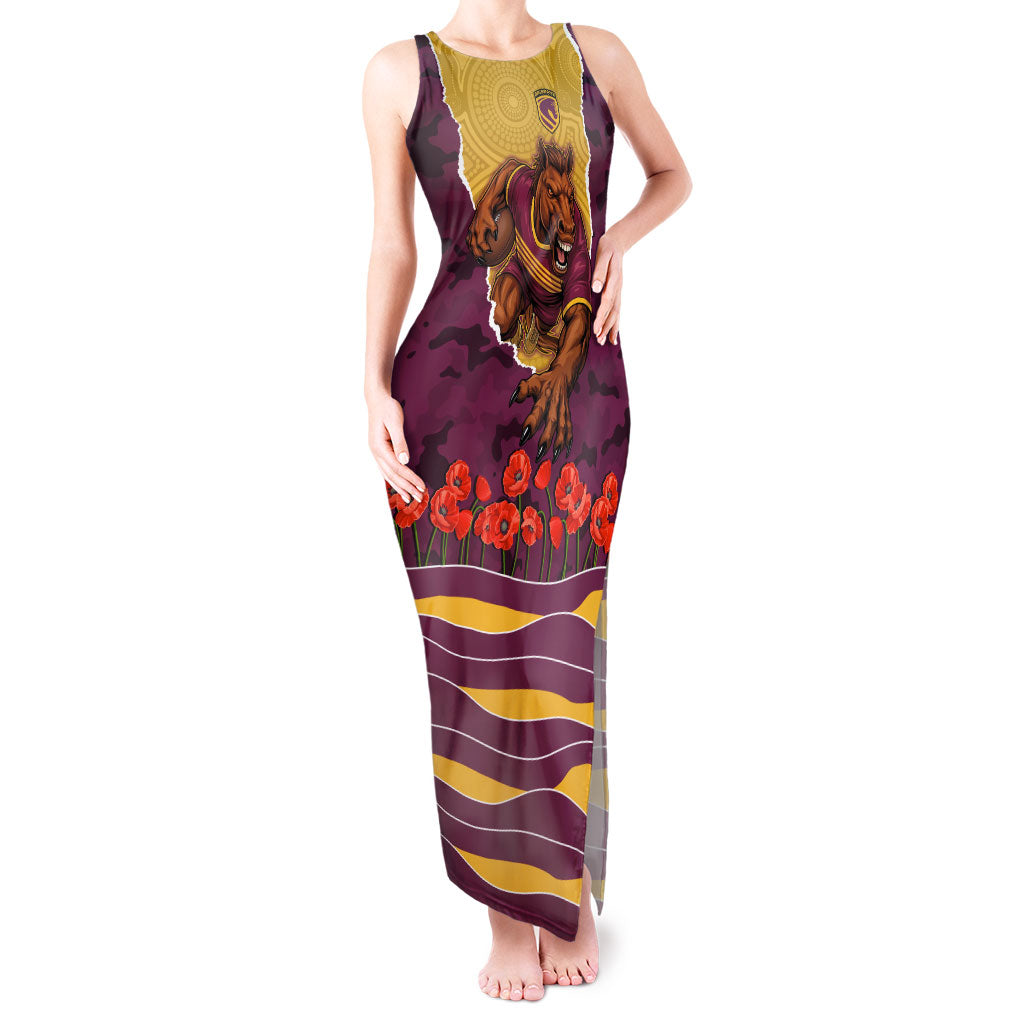 Personalized Brisbane Broncos ANZAC Tribute Tank Maxi Dress Poppy Field Soldier Silhouette Aboriginal Rugby Mascot