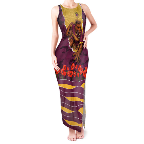 Personalized Brisbane Broncos ANZAC Tribute Tank Maxi Dress Poppy Field Soldier Silhouette Aboriginal Rugby Mascot