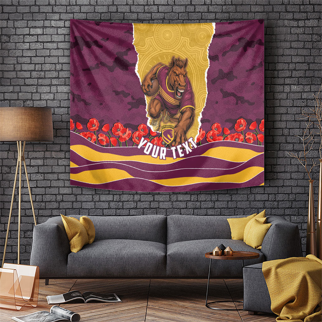Personalized Brisbane Broncos ANZAC Tribute Tapestry Poppy Field Soldier Silhouette Aboriginal Rugby Mascot
