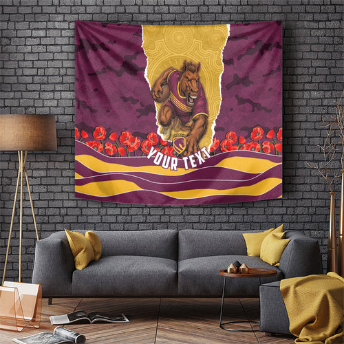 Personalized Brisbane Broncos ANZAC Tribute Tapestry Poppy Field Soldier Silhouette Aboriginal Rugby Mascot