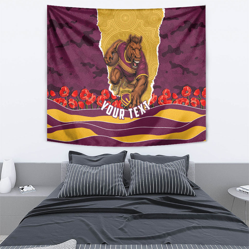 Personalized Brisbane Broncos ANZAC Tribute Tapestry Poppy Field Soldier Silhouette Aboriginal Rugby Mascot