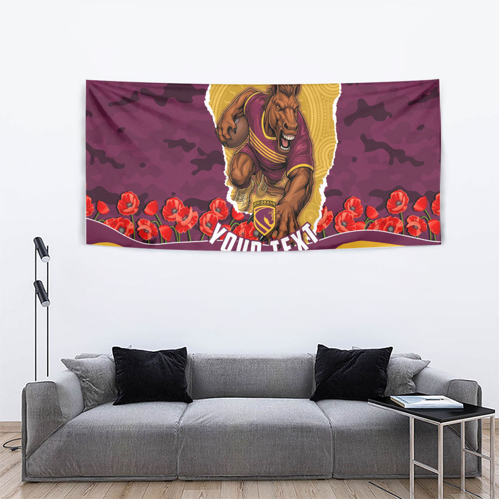 Personalized Brisbane Broncos ANZAC Tribute Tapestry Poppy Field Soldier Silhouette Aboriginal Rugby Mascot