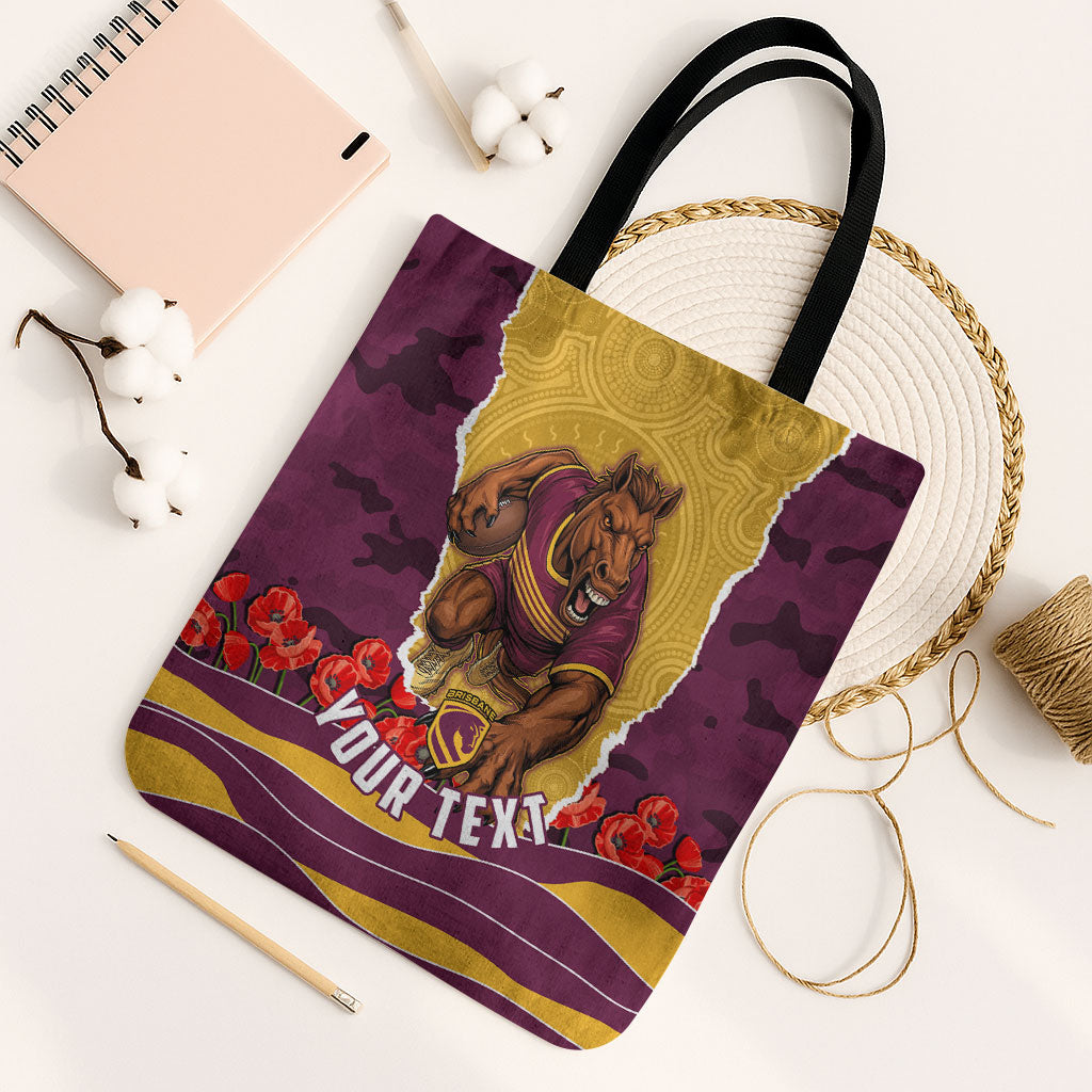 Personalized Brisbane Broncos ANZAC Tribute Tote Bag Poppy Field Soldier Silhouette Aboriginal Rugby Mascot