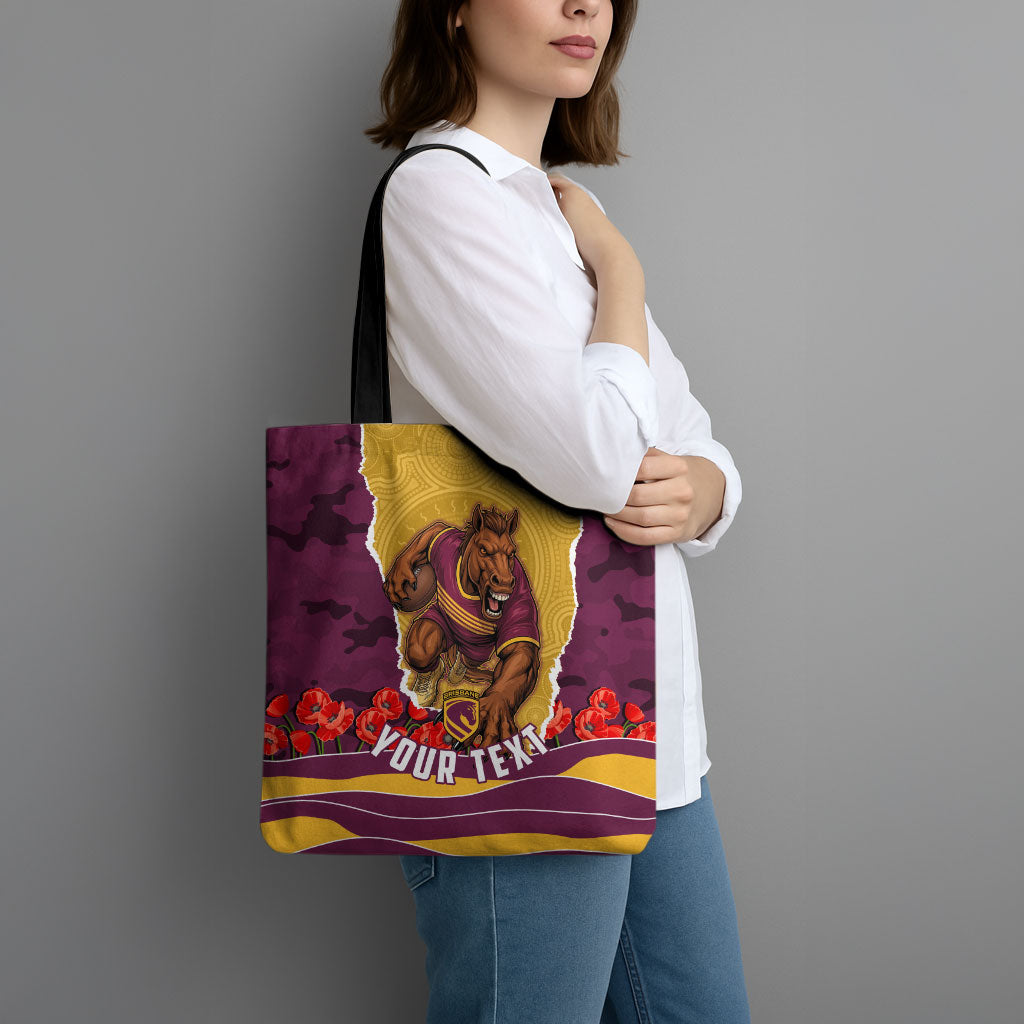Personalized Brisbane Broncos ANZAC Tribute Tote Bag Poppy Field Soldier Silhouette Aboriginal Rugby Mascot