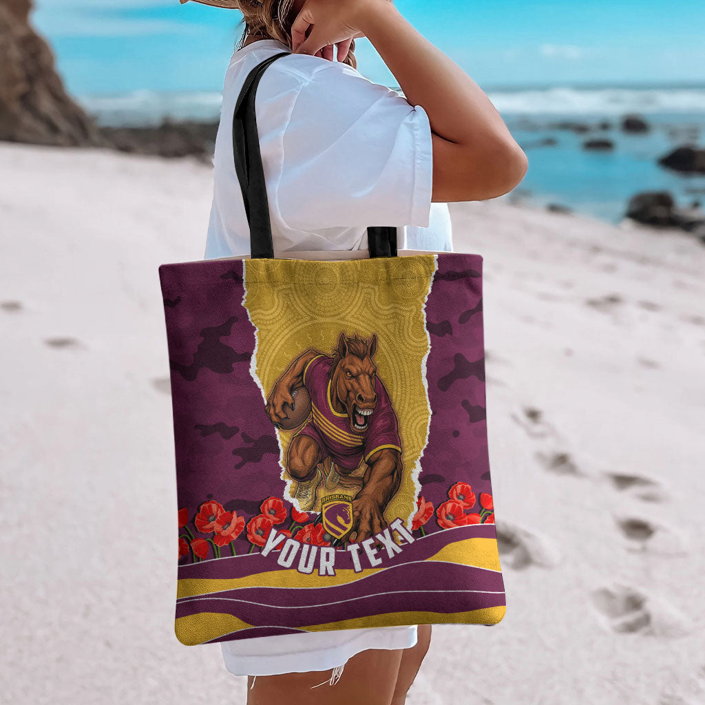 Personalized Brisbane Broncos ANZAC Tribute Tote Bag Poppy Field Soldier Silhouette Aboriginal Rugby Mascot