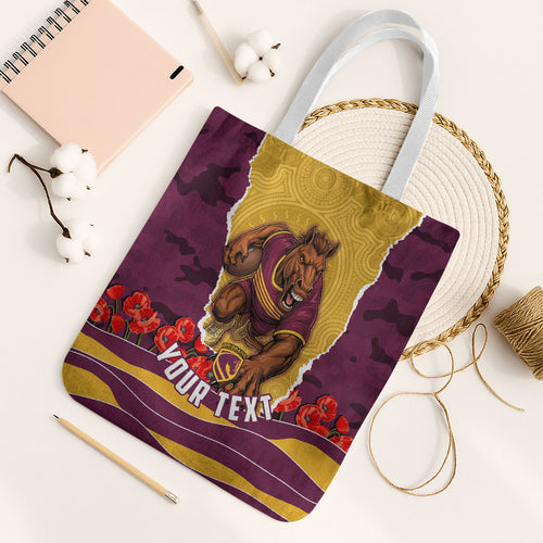 Personalized Brisbane Broncos ANZAC Tribute Tote Bag Poppy Field Soldier Silhouette Aboriginal Rugby Mascot
