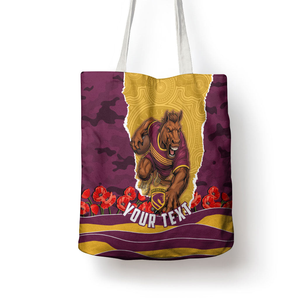 Personalized Brisbane Broncos ANZAC Tribute Tote Bag Poppy Field Soldier Silhouette Aboriginal Rugby Mascot