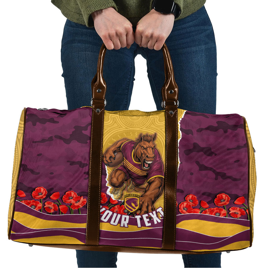 Personalized Brisbane Broncos ANZAC Tribute Travel Bag Poppy Field Soldier Silhouette Aboriginal Rugby Mascot