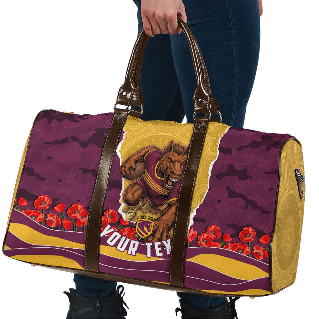 Personalized Brisbane Broncos ANZAC Tribute Travel Bag Poppy Field Soldier Silhouette Aboriginal Rugby Mascot