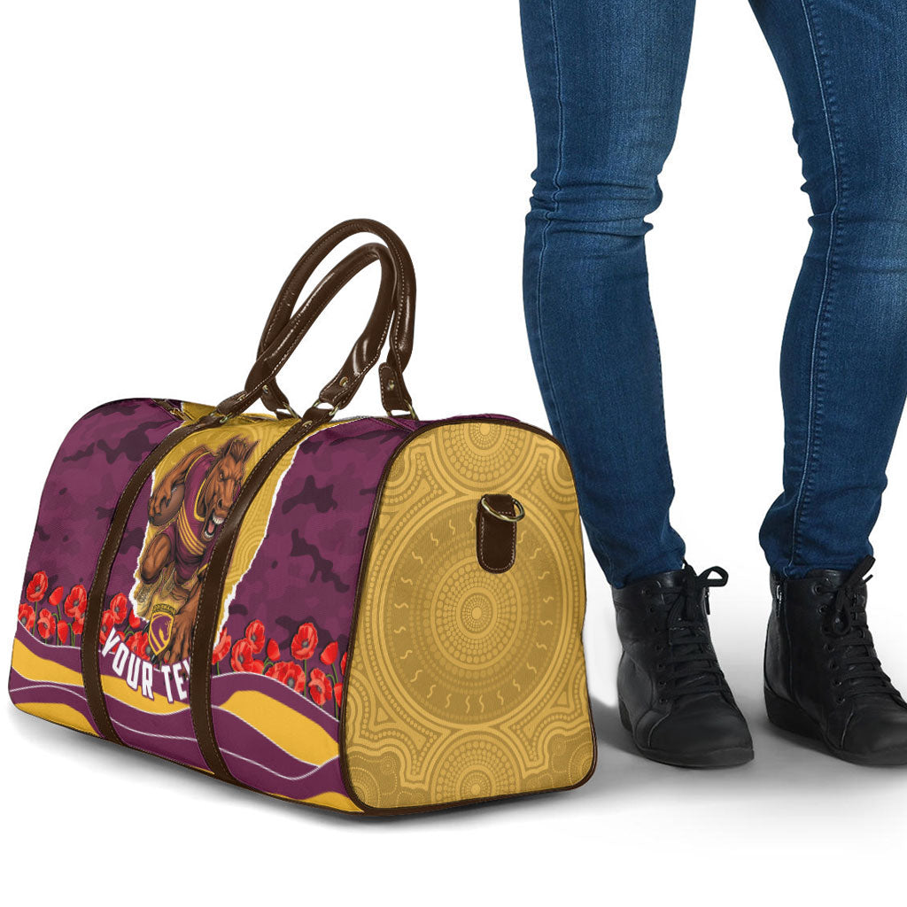 Personalized Brisbane Broncos ANZAC Tribute Travel Bag Poppy Field Soldier Silhouette Aboriginal Rugby Mascot