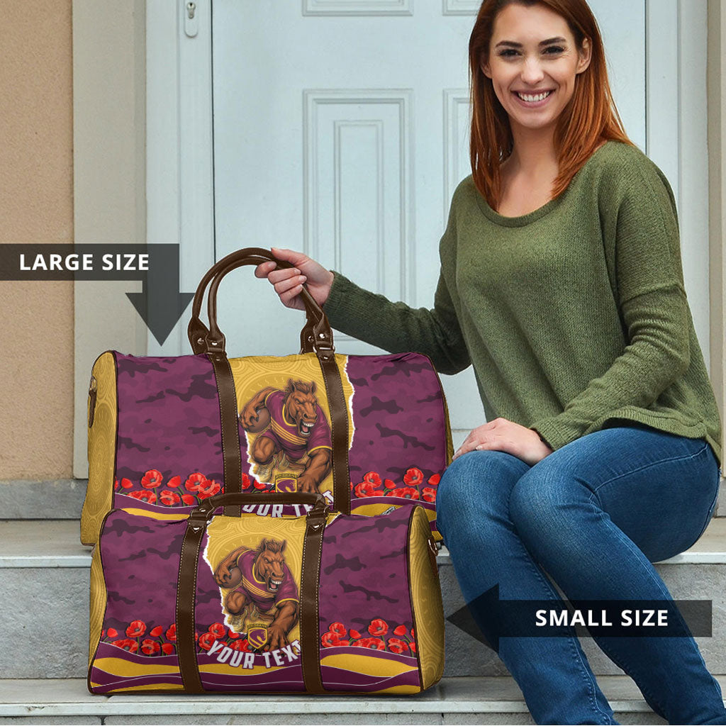 Personalized Brisbane Broncos ANZAC Tribute Travel Bag Poppy Field Soldier Silhouette Aboriginal Rugby Mascot