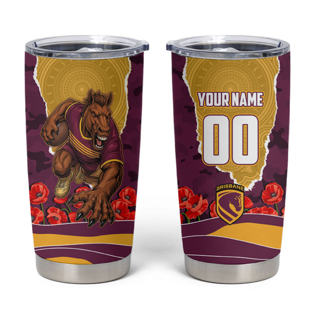 Personalized Brisbane Broncos ANZAC Tribute Tumbler Cup Poppy Field Soldier Silhouette Aboriginal Rugby Mascot