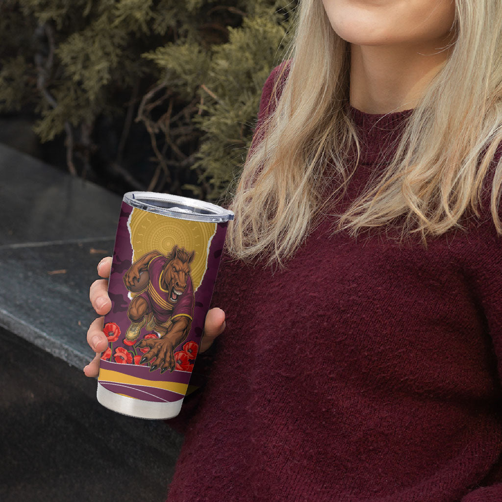 Personalized Brisbane Broncos ANZAC Tribute Tumbler Cup Poppy Field Soldier Silhouette Aboriginal Rugby Mascot