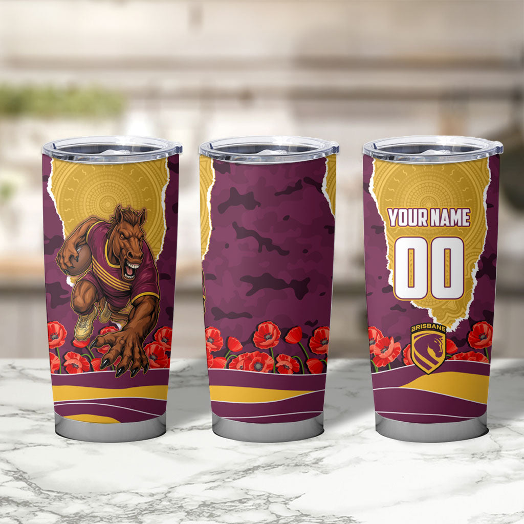 Personalized Brisbane Broncos ANZAC Tribute Tumbler Cup Poppy Field Soldier Silhouette Aboriginal Rugby Mascot
