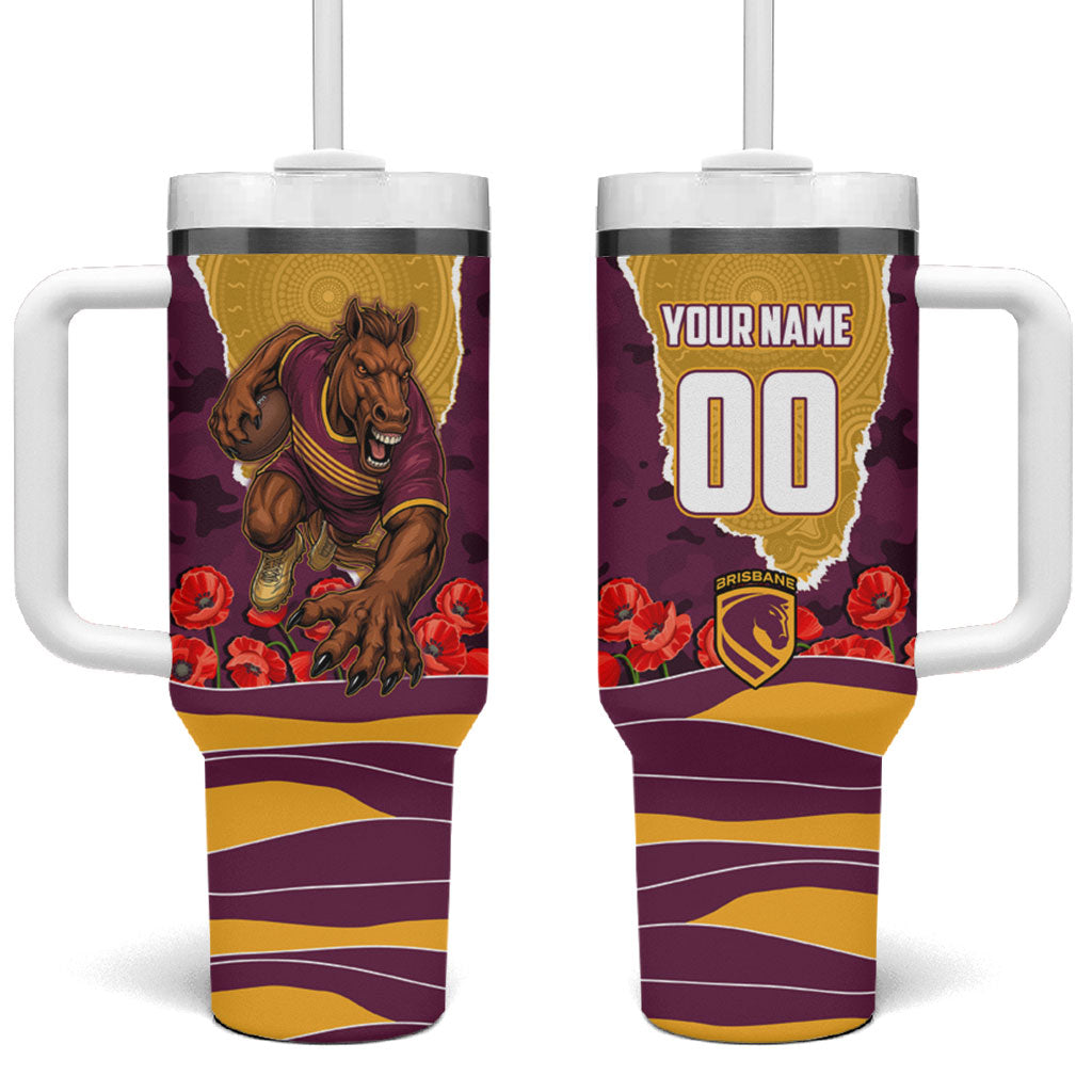 Personalized Brisbane Broncos ANZAC Tribute Tumbler With Handle Poppy Field Soldier Silhouette Aboriginal Rugby Mascot